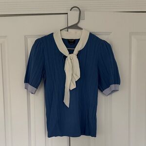 kate spade Blue Knit Tie-Neck Top with Ivory Bow